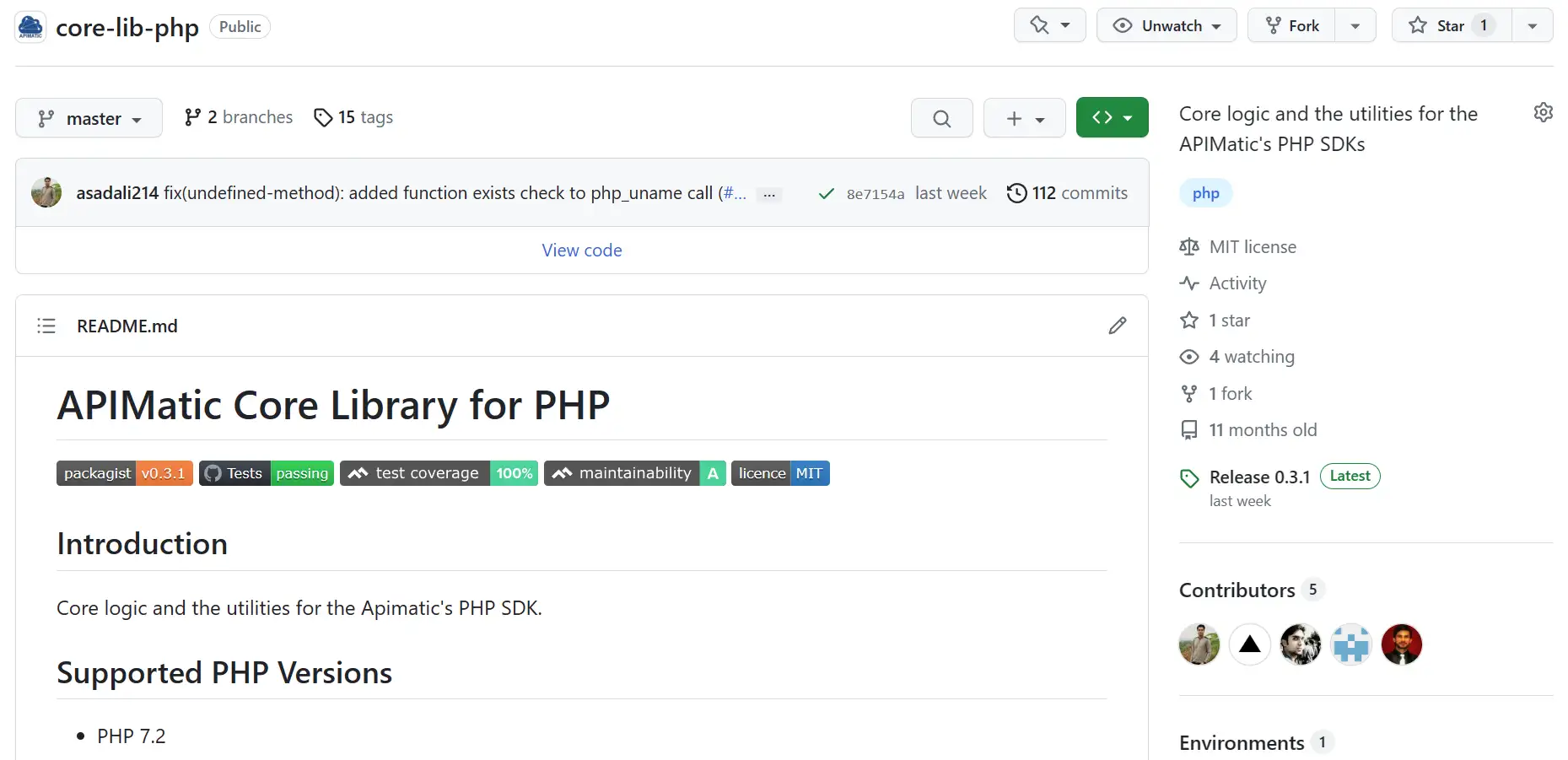 Screenshot from GitHub showing the PHP Core library repository